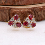 Natural Ruby Gemstone With Diamond 14k Yellow Gold Triangle Shaped Stud Earring