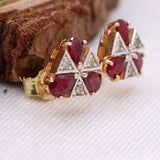 Natural Ruby Gemstone With Diamond 14k Yellow Gold Triangle Shaped Stud Earring