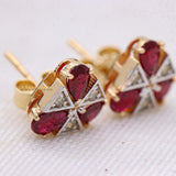 Natural Ruby Gemstone With Diamond 14k Yellow Gold Triangle Shaped Stud Earring