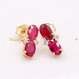 Natural Ruby Gemstone With Diamond 14k Yellow Gold Stud Earring