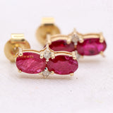 Natural Ruby Gemstone With Diamond 14k Yellow Gold Stud Earring