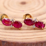 Natural Ruby Gemstone With Diamond 14k Yellow Gold Stud Earring