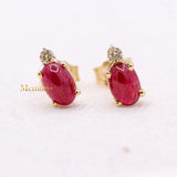 Classic Natural Ruby Gemstone With Diamond 14k Yellow Gold Stud Earring