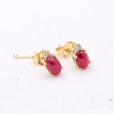 Classic Natural Ruby Gemstone With Diamond 14k Yellow Gold Stud Earring