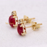 Classic Natural Ruby Gemstone With Diamond 14k Yellow Gold Stud Earring