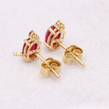 Classic Natural Ruby Gemstone With Diamond 14k Yellow Gold Stud Earring