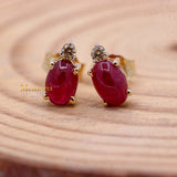 Classic Natural Ruby Gemstone With Diamond 14k Yellow Gold Stud Earring