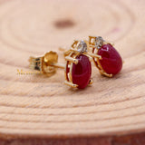 Classic Natural Ruby Gemstone With Diamond 14k Yellow Gold Stud Earring