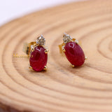 Classic Natural Ruby Gemstone With Diamond 14k Yellow Gold Stud Earring