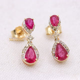 Natural Ruby Gemstone With Diamond 14k Yellow Gold Earring