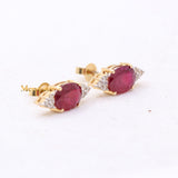 Natural Ruby Gemstone With Diamond 14k Yellow Gold Stud Earring