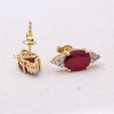 Natural Ruby Gemstone With Diamond 14k Yellow Gold Stud Earring