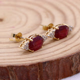 Natural Ruby Gemstone With Diamond 14k Yellow Gold Stud Earring