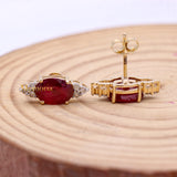 Natural Ruby Gemstone With Diamond 14k Yellow Gold Stud Earring