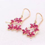 Floral Natural Ruby Gemstone 14k Yellow Gold Drop Earring