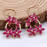 Floral Natural Ruby Gemstone 14k Yellow Gold Drop Earring