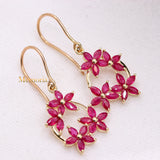 Floral Natural Ruby Gemstone 14k Yellow Gold Drop Earring