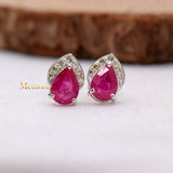 Natural Ruby Gemstone With Diamond 18k White Gold Stud Earring