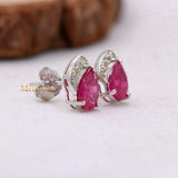 Natural Ruby Gemstone With Diamond 18k White Gold Stud Earring