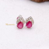 Natural Ruby Gemstone With Diamond 18k White Gold Stud Earring