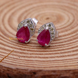 Natural Ruby Gemstone With Diamond 18k White Gold Stud Earring