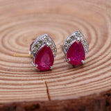 Natural Ruby Gemstone With Diamond 18k White Gold Stud Earring