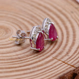 Natural Ruby Gemstone With Diamond 18k White Gold Stud Earring