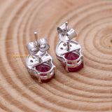 Natural Ruby Gemstone With Diamond 18k White Gold Stud Earring