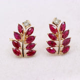 Leaf Shaped Natural Ruby Gemstone With Diamond 14k Yellow Gold Stud Earring