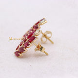 Leaf Shaped Natural Ruby Gemstone With Diamond 14k Yellow Gold Stud Earring