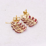 Leaf Shaped Natural Ruby Gemstone With Diamond 14k Yellow Gold Stud Earring