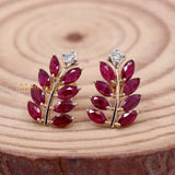 Leaf Shaped Natural Ruby Gemstone With Diamond 14k Yellow Gold Stud Earring