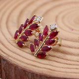 Leaf Shaped Natural Ruby Gemstone With Diamond 14k Yellow Gold Stud Earring