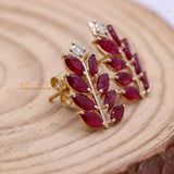 Leaf Shaped Natural Ruby Gemstone With Diamond 14k Yellow Gold Stud Earring