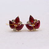 Leaf Shaped Natural Ruby Gemstone With Diamond 14k Yellow Gold Stud Earring