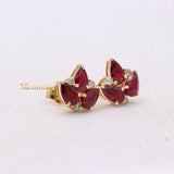 Leaf Shaped Natural Ruby Gemstone With Diamond 14k Yellow Gold Stud Earring