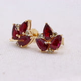 Leaf Shaped Natural Ruby Gemstone With Diamond 14k Yellow Gold Stud Earring