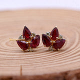 Leaf Shaped Natural Ruby Gemstone With Diamond 14k Yellow Gold Stud Earring