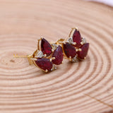 Leaf Shaped Natural Ruby Gemstone With Diamond 14k Yellow Gold Stud Earring