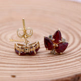 Leaf Shaped Natural Ruby Gemstone With Diamond 14k Yellow Gold Stud Earring