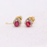 Trendy Natural Ruby Gemstone With Diamond 14k Yellow Gold Stud Earring