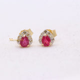 Trendy Natural Ruby Gemstone With Diamond 14k Yellow Gold Stud Earring