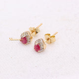 Trendy Natural Ruby Gemstone With Diamond 14k Yellow Gold Stud Earring