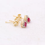 Trendy Natural Ruby Gemstone With Diamond 14k Yellow Gold Stud Earring