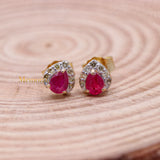 Trendy Natural Ruby Gemstone With Diamond 14k Yellow Gold Stud Earring