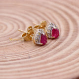 Trendy Natural Ruby Gemstone With Diamond 14k Yellow Gold Stud Earring