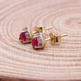 Trendy Natural Ruby Gemstone With Diamond 14k Yellow Gold Stud Earring