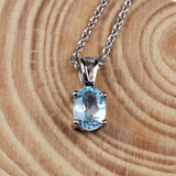 Minimalist Blue Topaz Sterling Silver Necklace Dainty Oval Gem Pendant