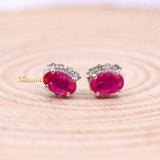 Natural Ruby Gemstone With Diamond 14k White Gold Stud Earring