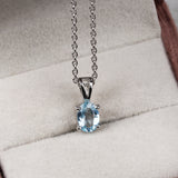 Minimalist Blue Topaz Sterling Silver Necklace Dainty Oval Gem Pendant